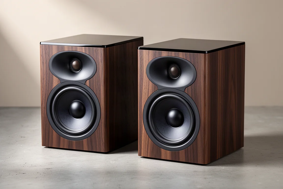 Pair of dark two-way bookshelf speakers with glossy top panels on a concrete surface