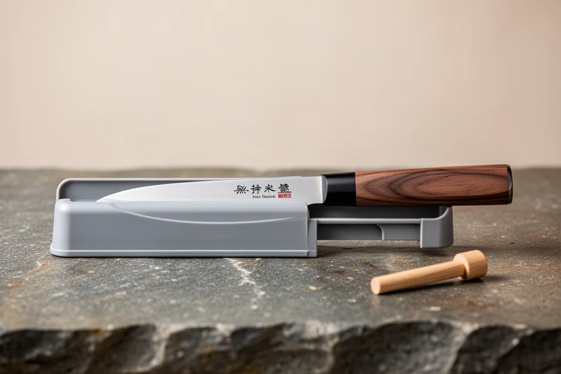 Coltello bunka appoggiato in una semplice custodia per lama su un piano in pietra