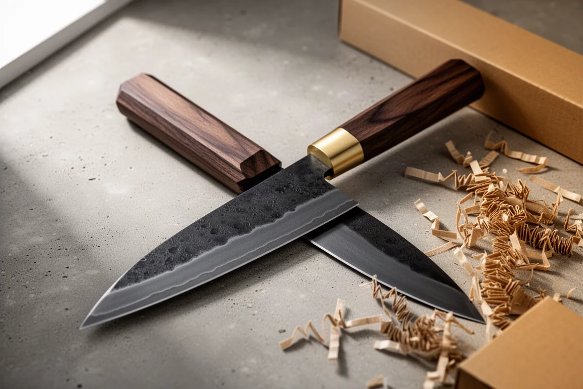 Bunka knife with walnut handle and brass ferrule on a concrete surface