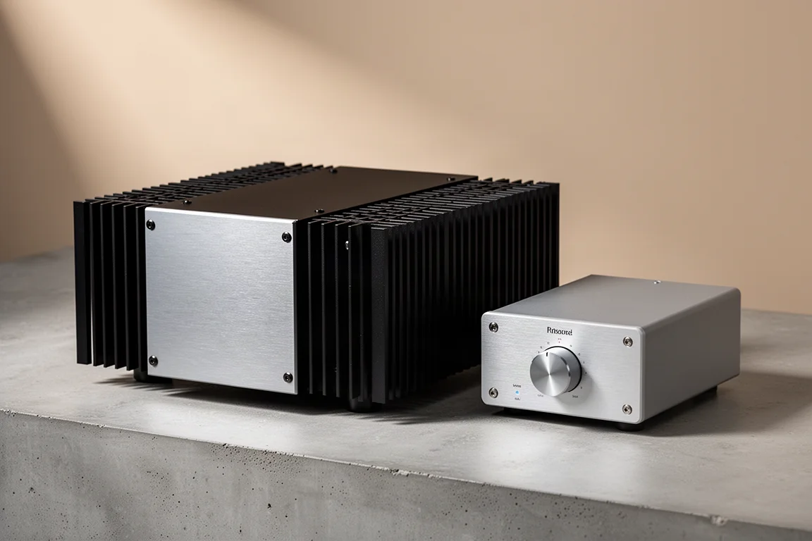 Two home audio amplifiers side by side on a matte concrete surface
