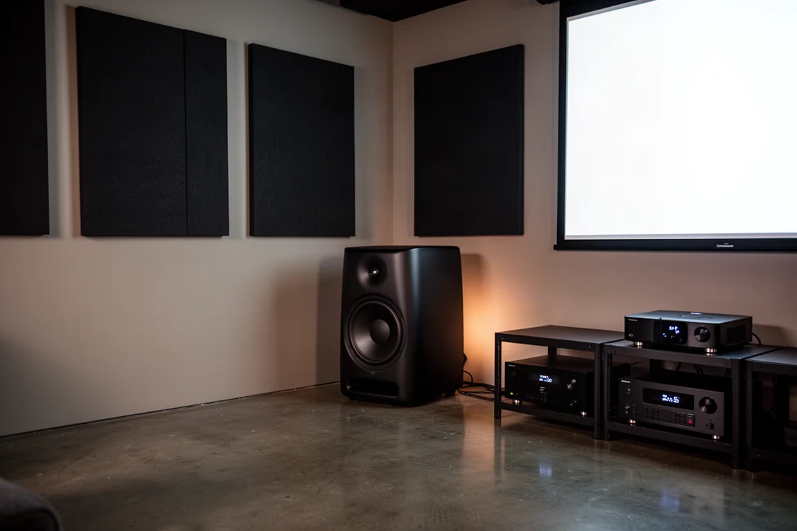 Sala de cine en casa con poca luz y un gran subwoofer negro mate en la esquina