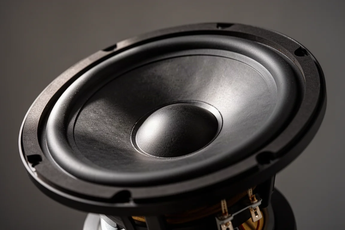 Primer plano de un gran cono de woofer, suspensión de goma y borde del marco