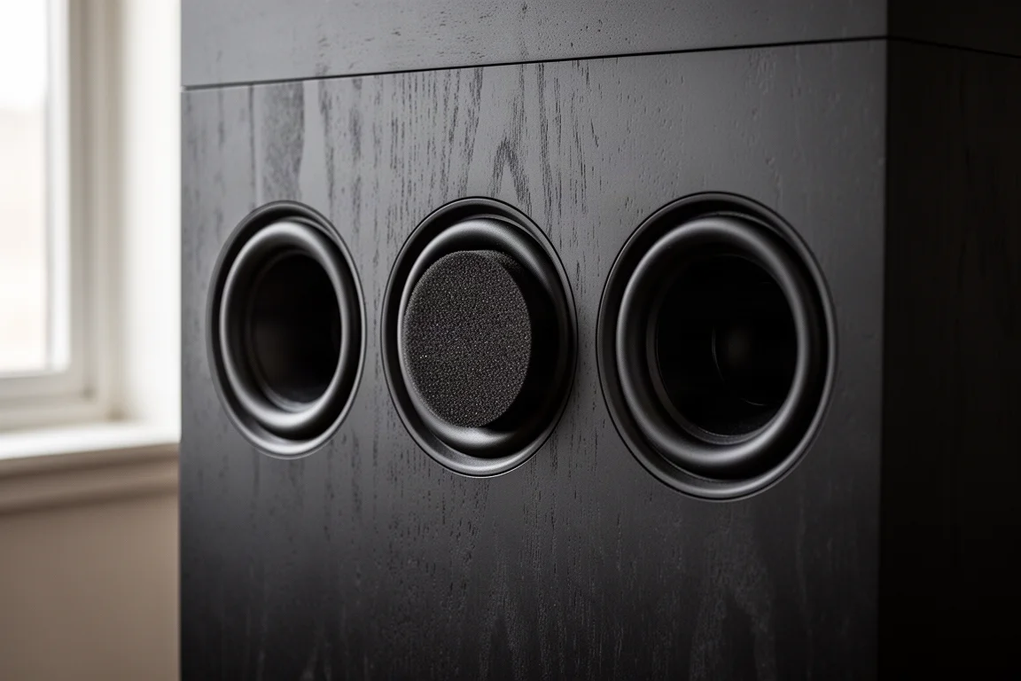 Parte trasera de un gabinete de subwoofer que muestra tres puertos de graves, uno con espuma