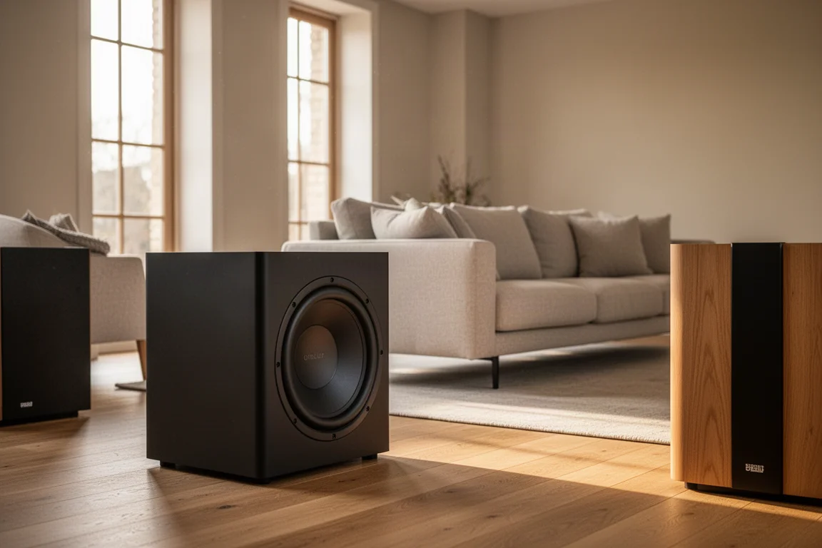 Sala de estar de concepto abierto con un gran subwoofer en suelo de madera cerca de un sofá