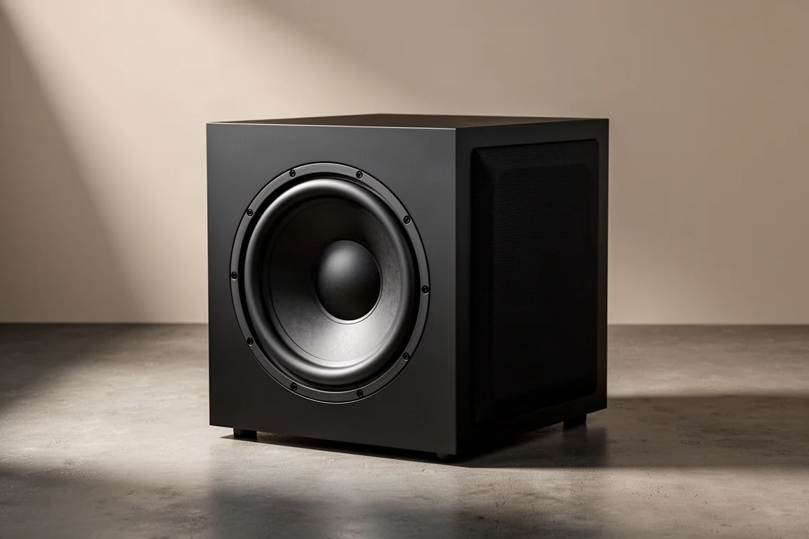 Large matte black home theater subwoofer cabinet on a concrete floor in a studio setting