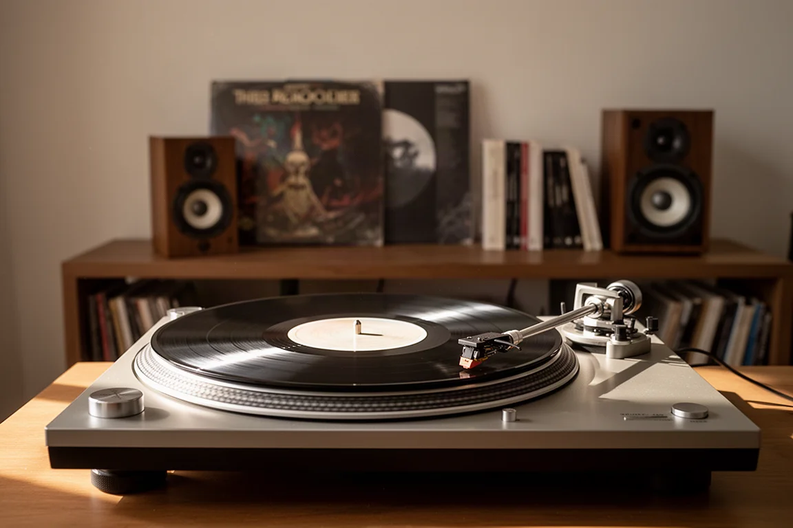 Disco in vinile che gira su un giradischi in una sala d'ascolto dalla luce calda