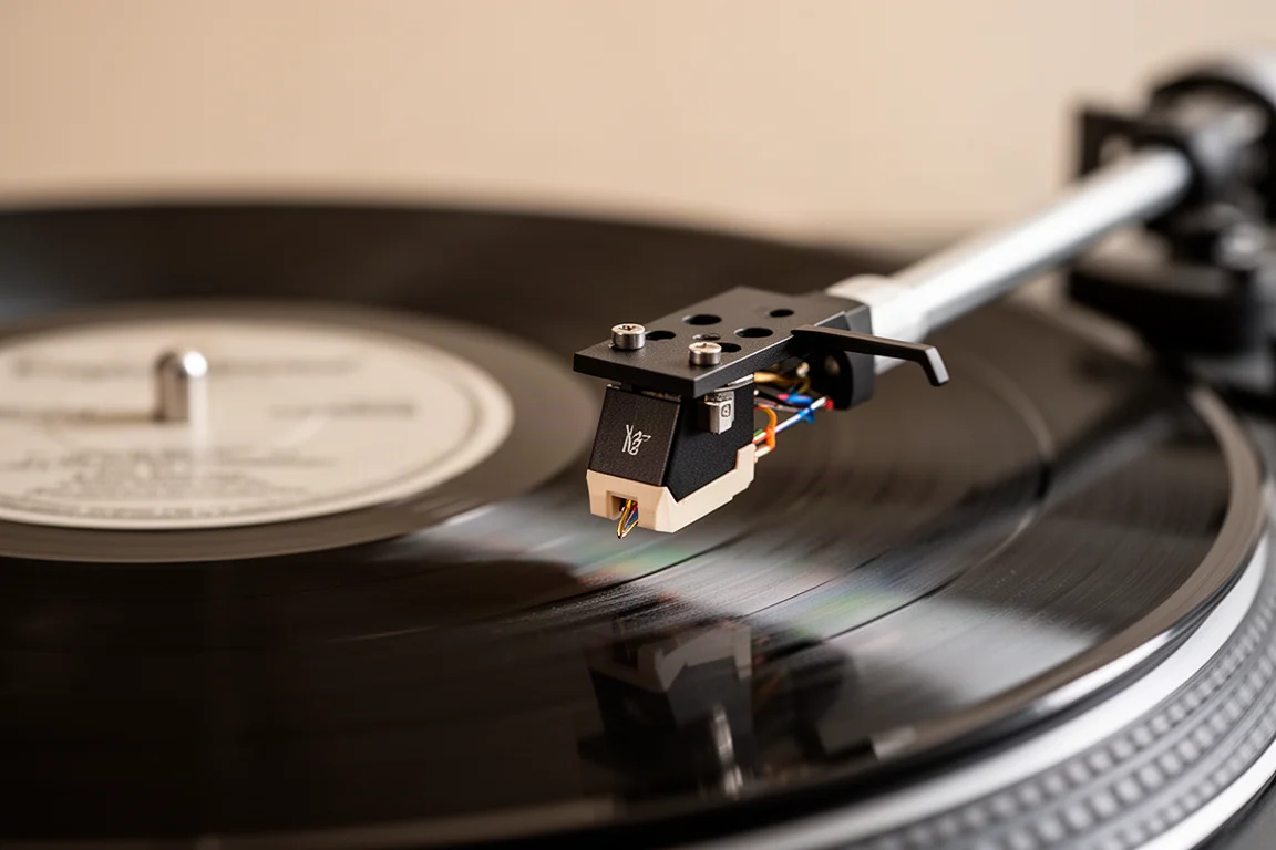 Vista macro del braccio e della testina di un giradischi sopra un disco in vinile