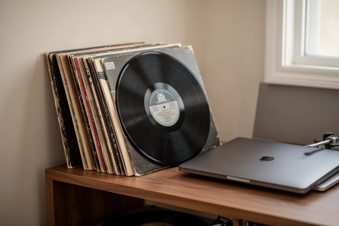 Pila di dischi in vinile accanto a un giradischi e a un laptop in un angolo d'ascolto domestico