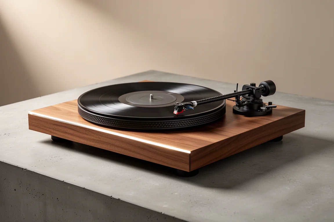 Monolith Turntable with wooden plinth and carbon tonearm on a concrete surface