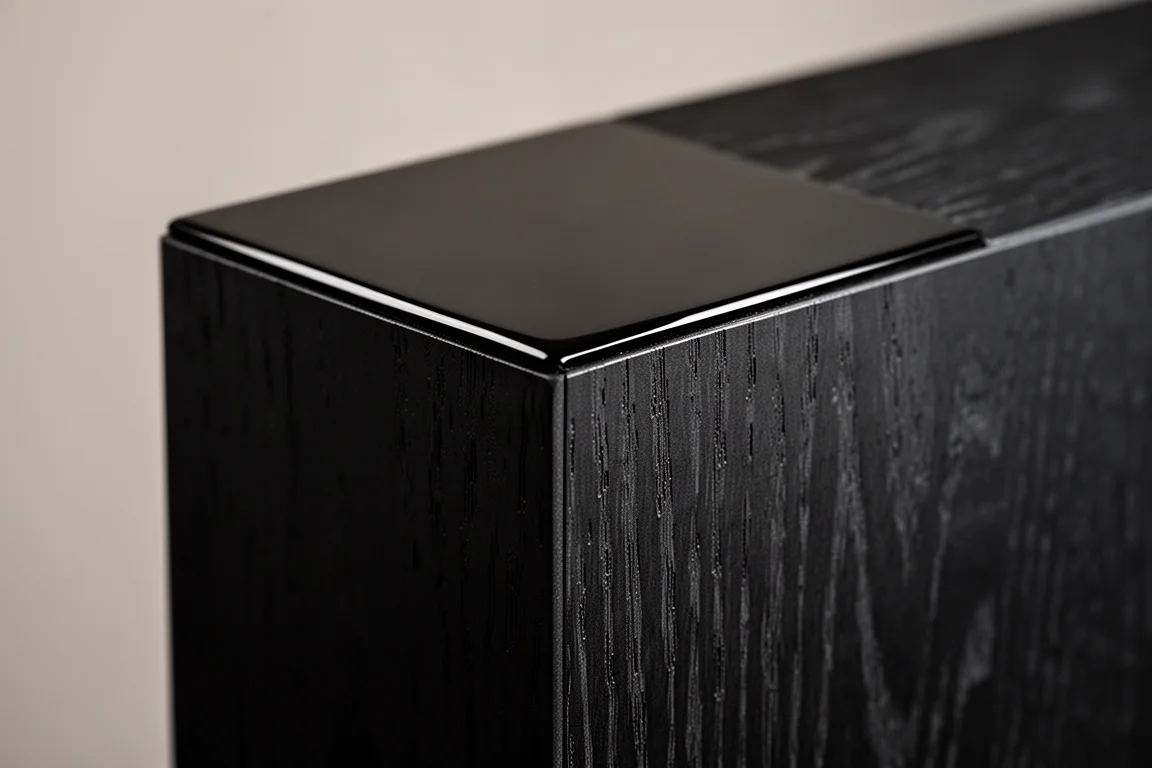 Primo piano dell'angolo di un cabinet nero per diffusori, dove il pannello superiore lucido incontra la finitura vinilica effetto frassino nero opaco