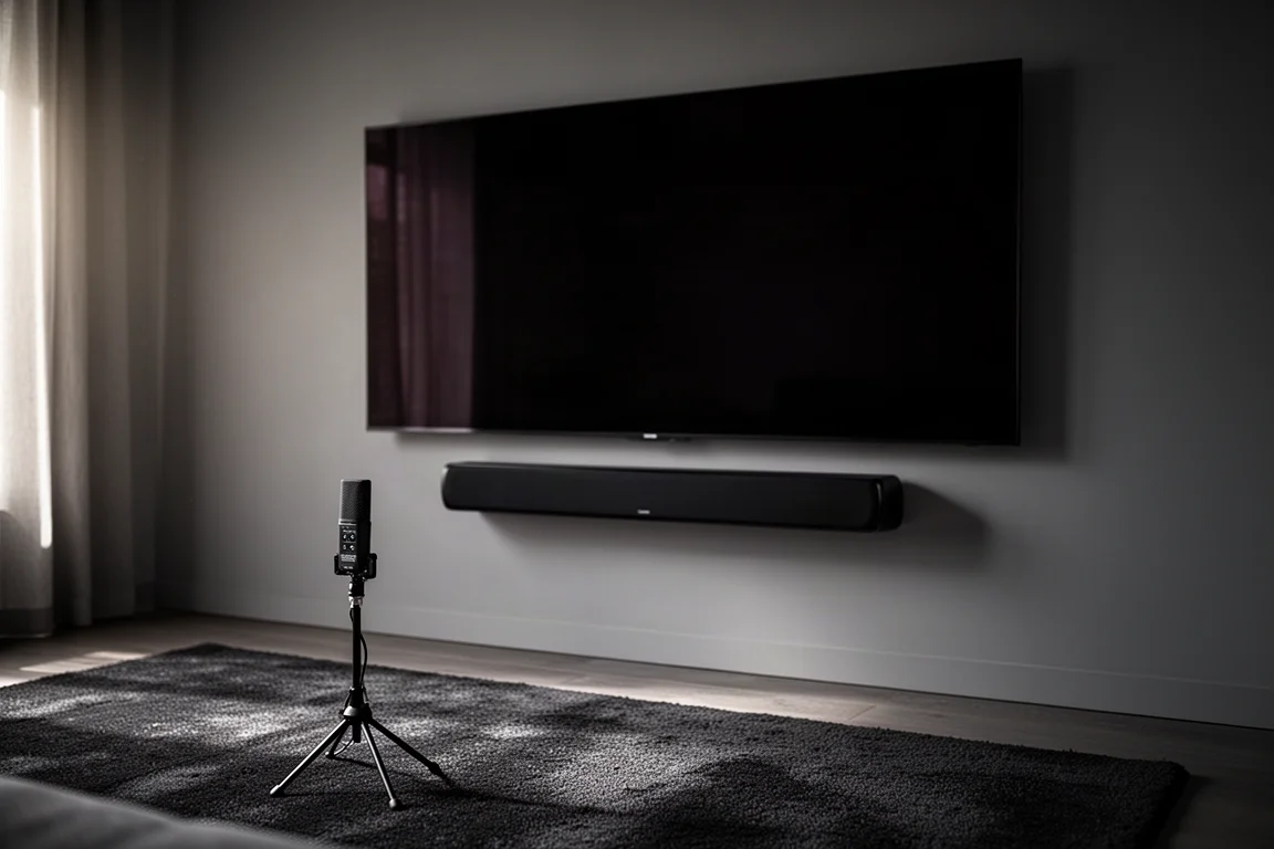 Sala home theater con un diffusore center channel sotto un televisore spento e un microfono di calibrazione su treppiede