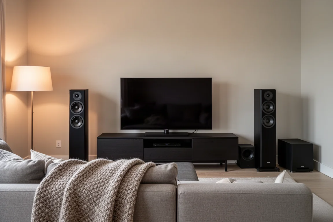 Soggiorno adibito a home theater con diffusori tower alti ai lati di un televisore e un subwoofer nell'angolo