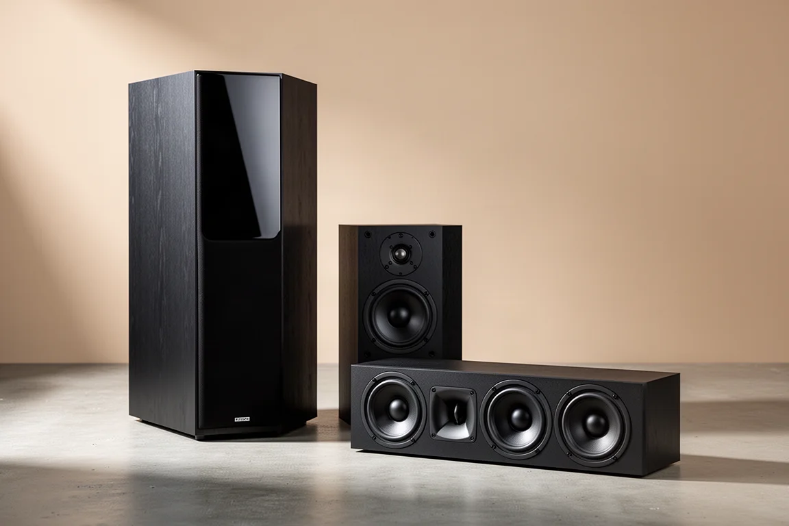 Three black home theater speakers, a tower, a bookshelf, and a center channel, on a concrete surface