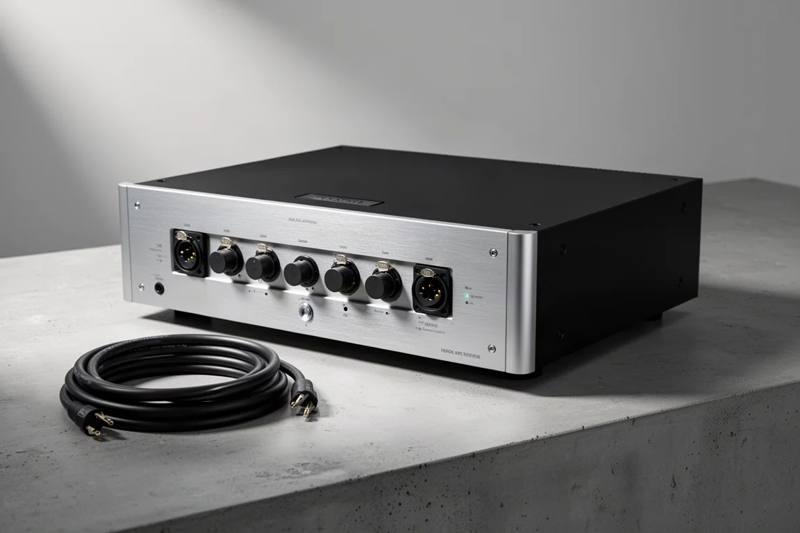 Five-channel power amplifier with brushed aluminium front panel on a concrete surface
