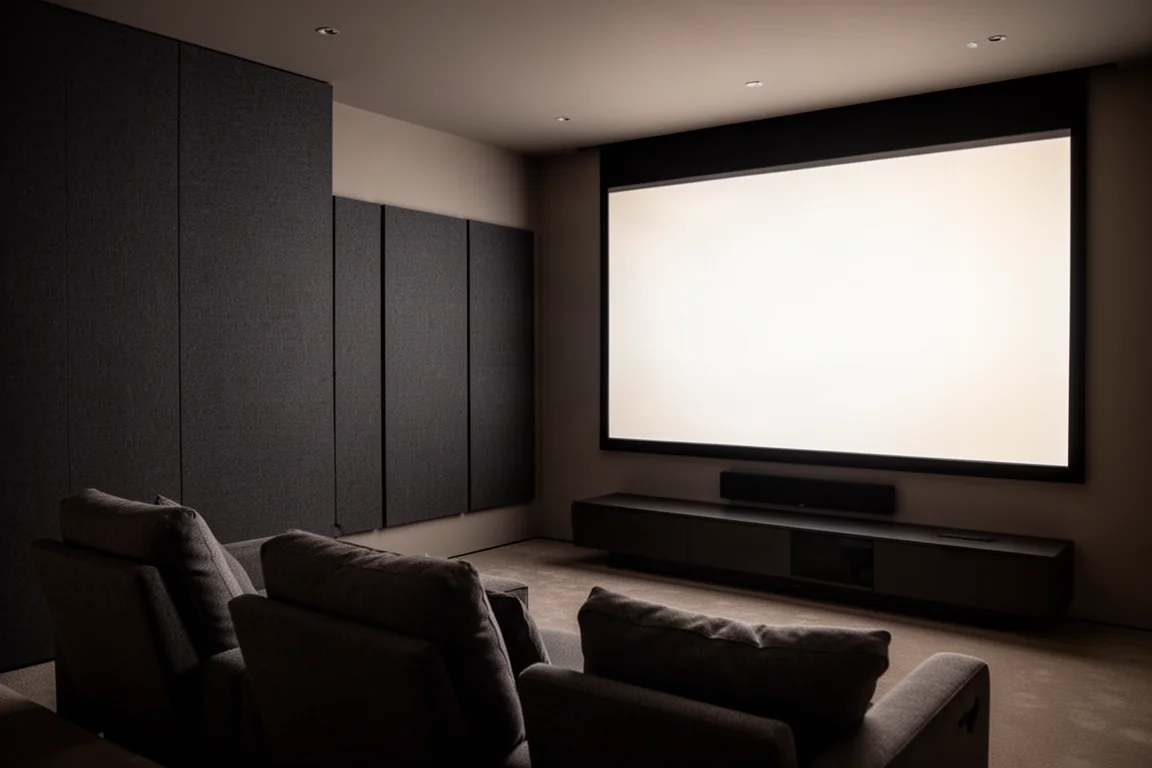 Blick von einem seitlichen Sitzplatz im Heimkino in Richtung Leinwand