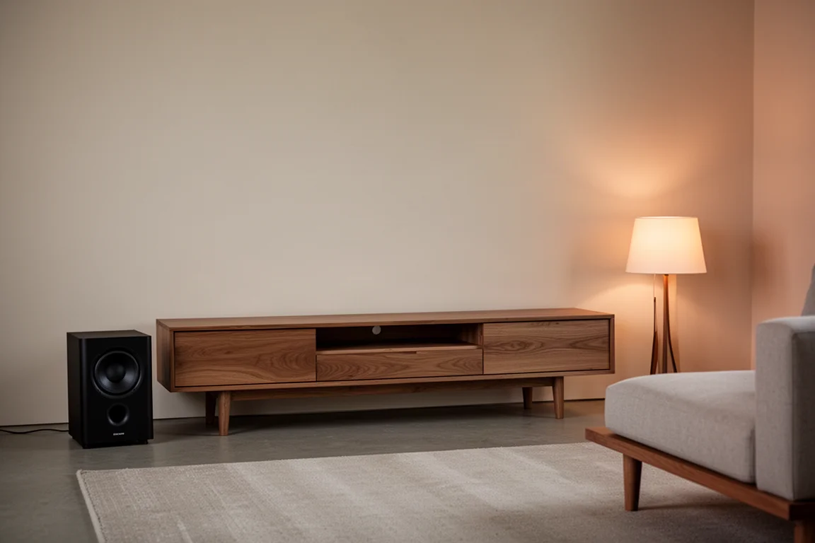 Medienkonsole im Wohnzimmer mit kompaktem Subwoofer daneben im Abendlicht