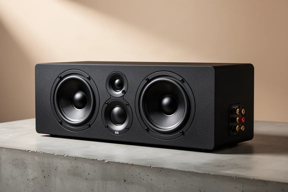 Black three-way center channel speaker with two woofers and dome drivers on concrete