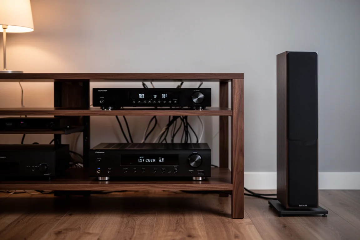 AV-receiver på en mediehylla med en smal tornhögtalare bredvid på ett trägolv