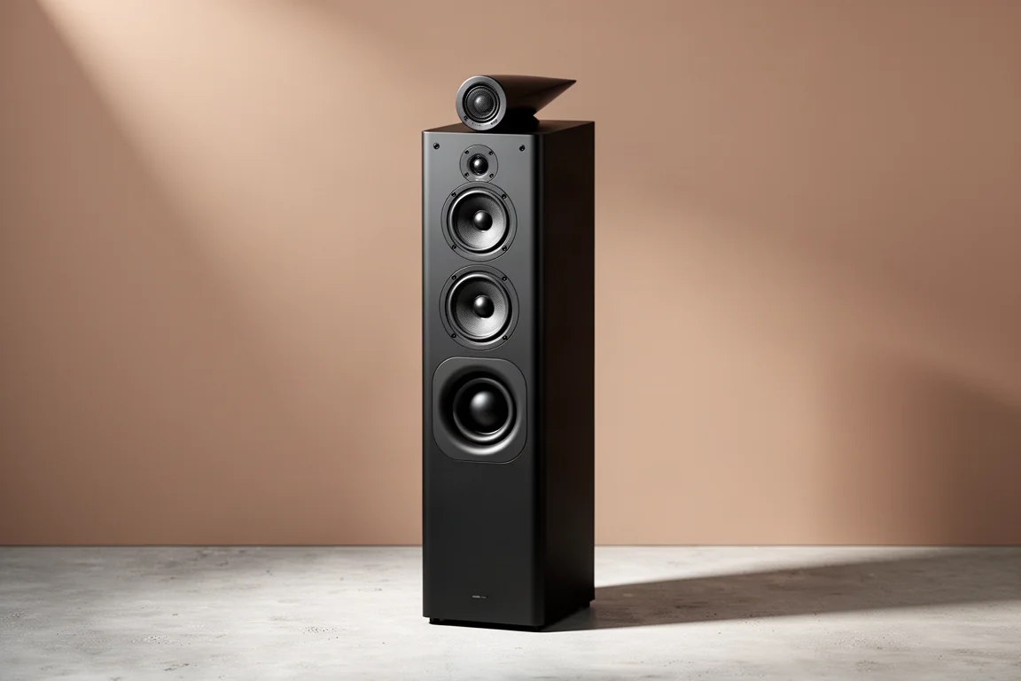 Matte black three-way mini tower speaker with dome midrange and tweeter on a pale concrete floor