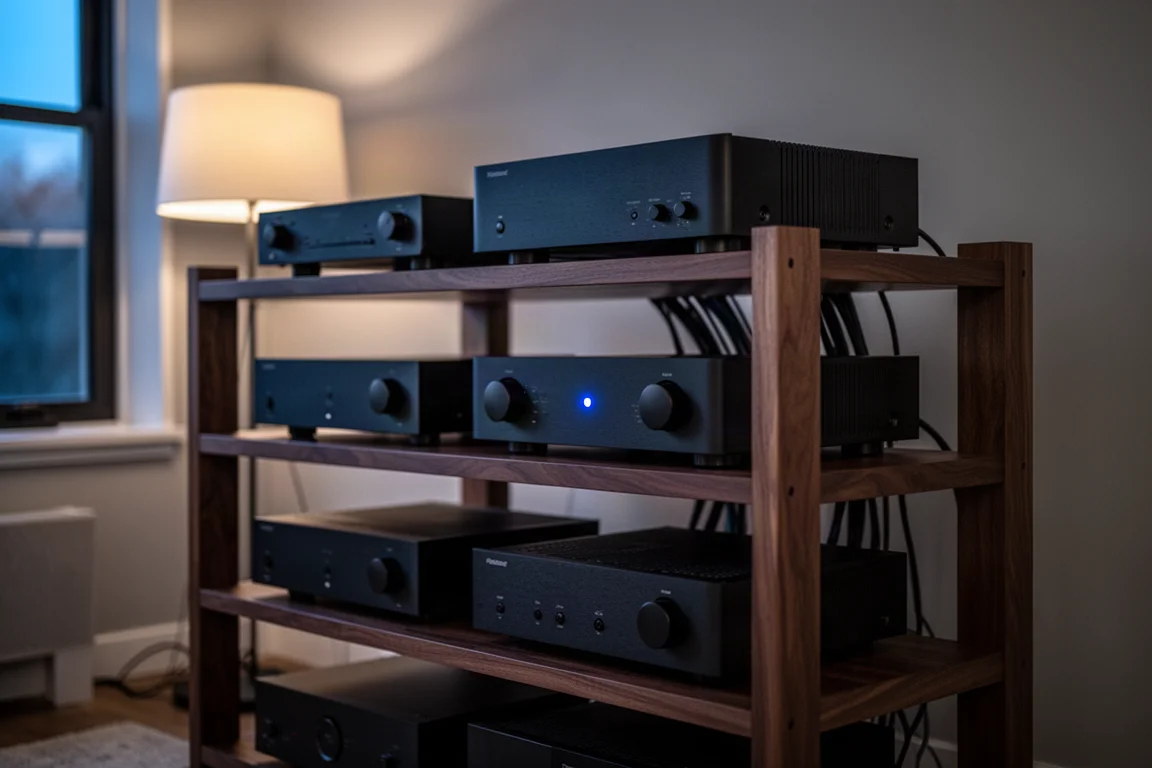 Living room audio rack at dusk with stacked black components and a blue indicator light