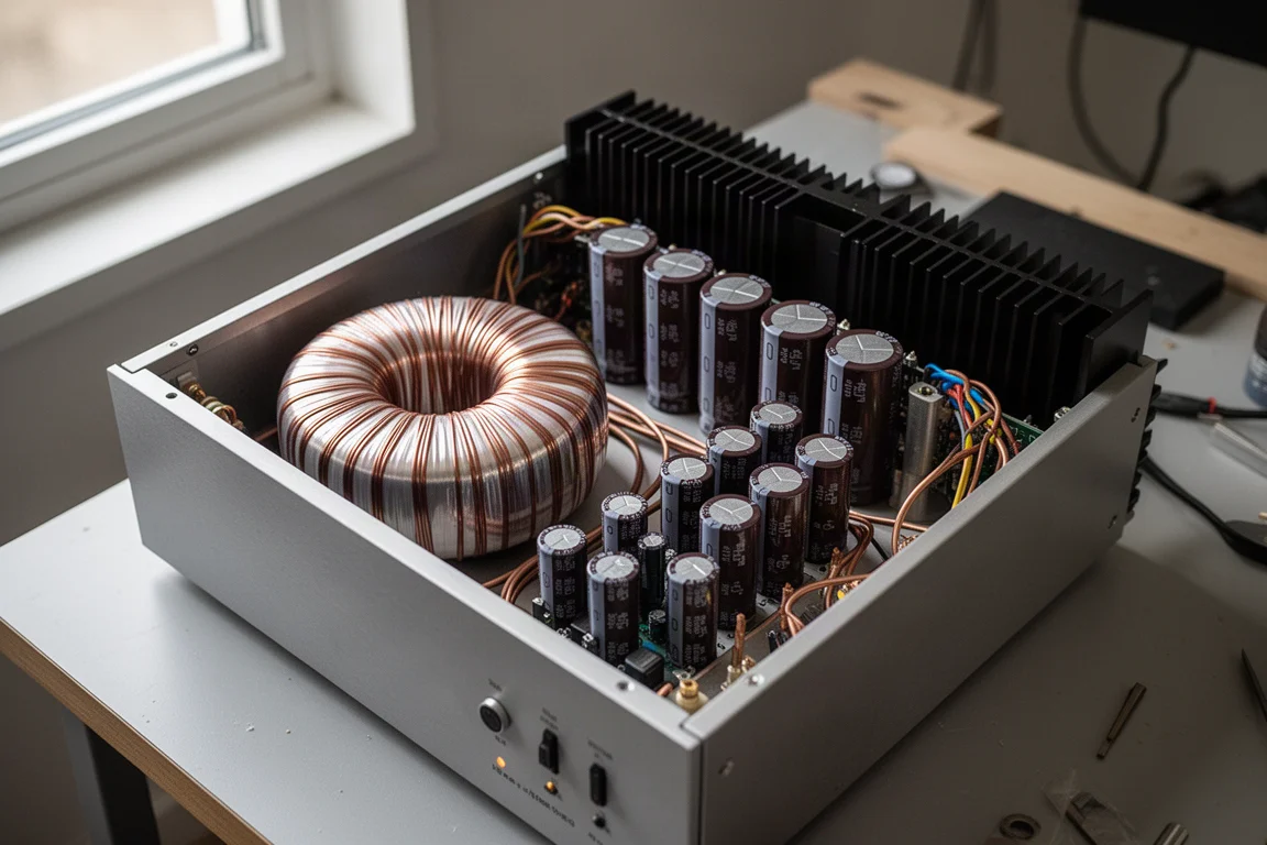 Interior of a power amplifier showing toroidal transformer, capacitors and heat sink