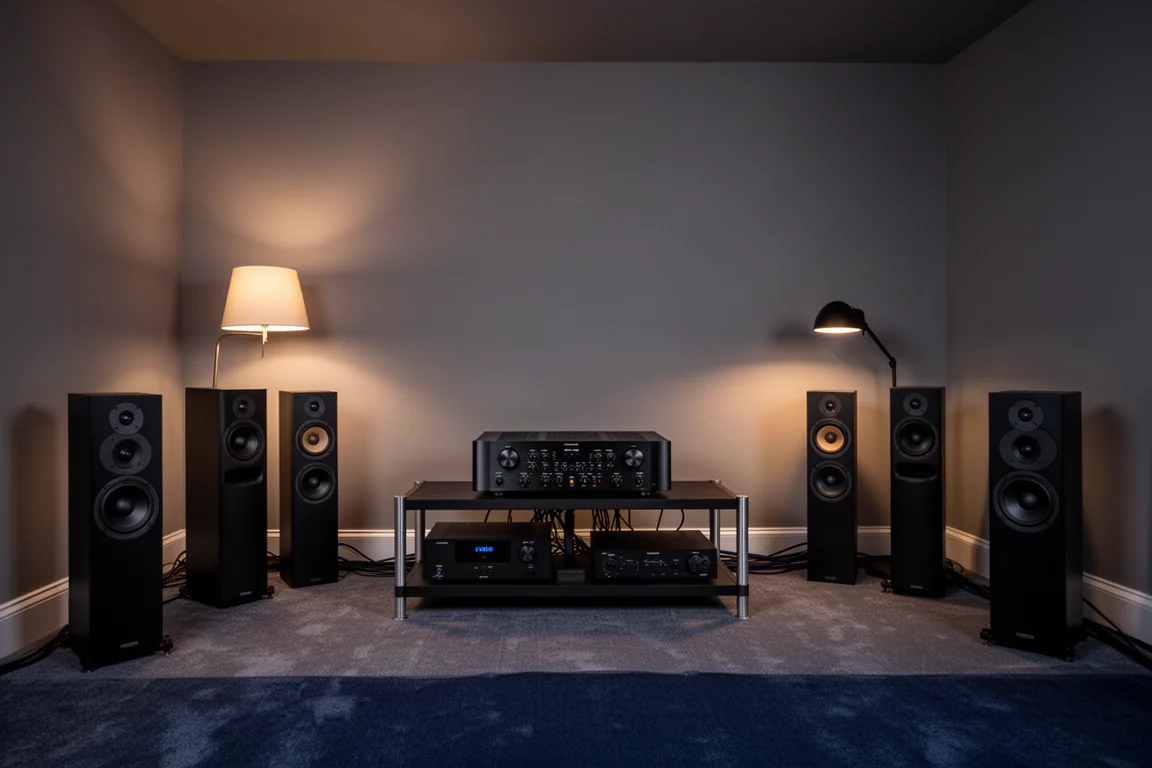 Dimly lit home theater room with equipment rack, full-width amplifier and five speakers