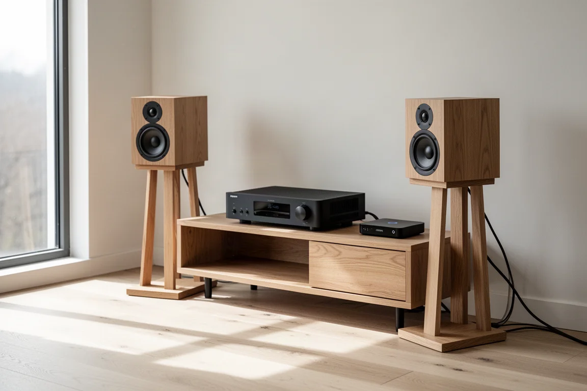 Bright listening room with bookshelf speakers on stands and a slim amplifier on a low console