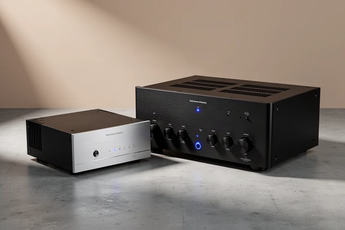 Two black multi-channel home audio power amplifiers on a concrete surface