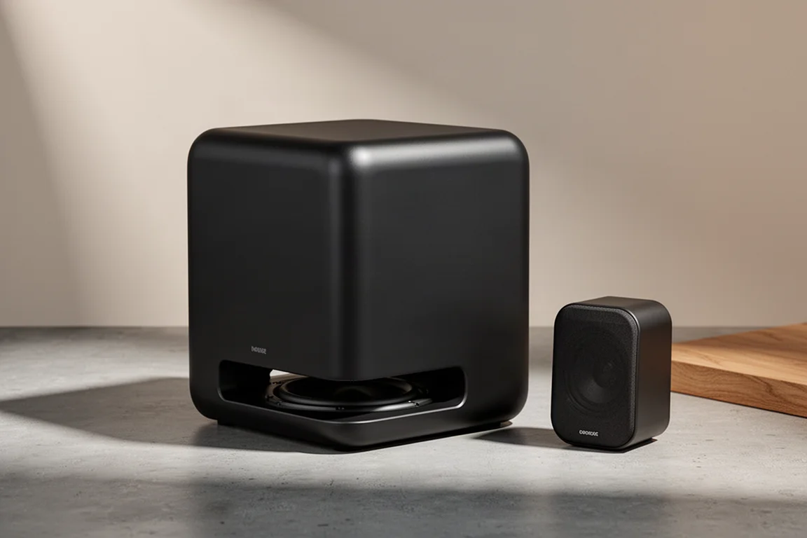 Compact matte black subwoofer beside a small satellite speaker on a concrete floor