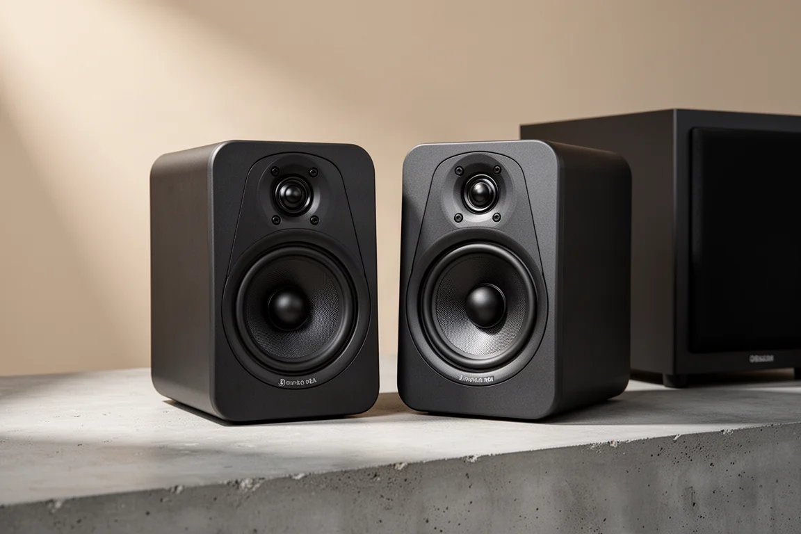 Pair of compact black satellite speakers with coaxial drivers beside a small subwoofer on concrete