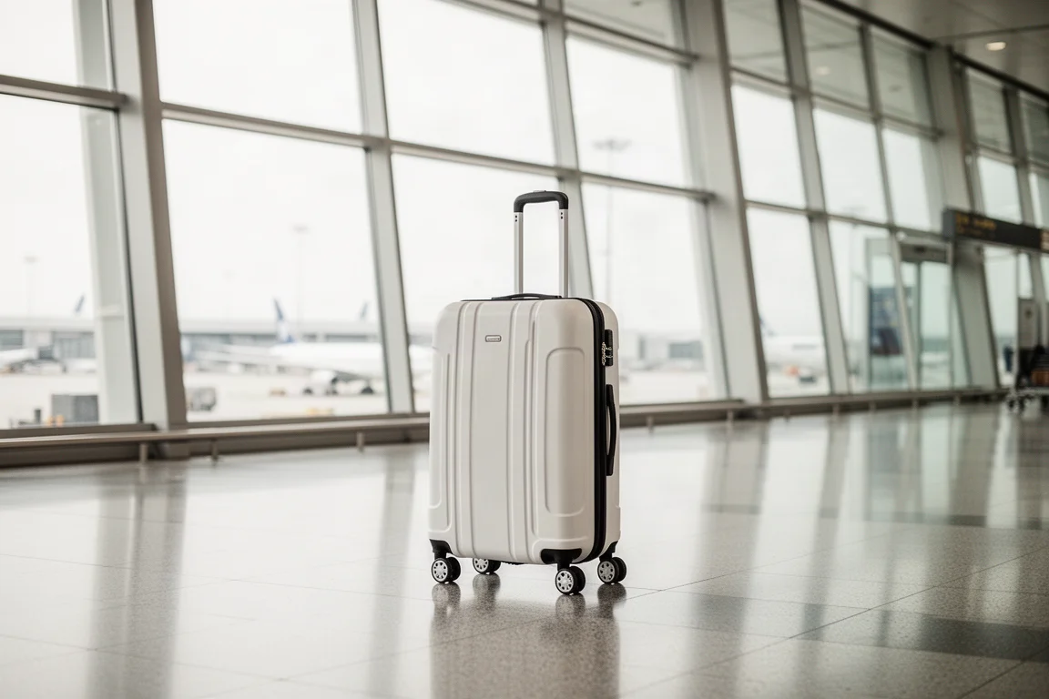White hard shell carry-on suitcase rolling through an airport terminal