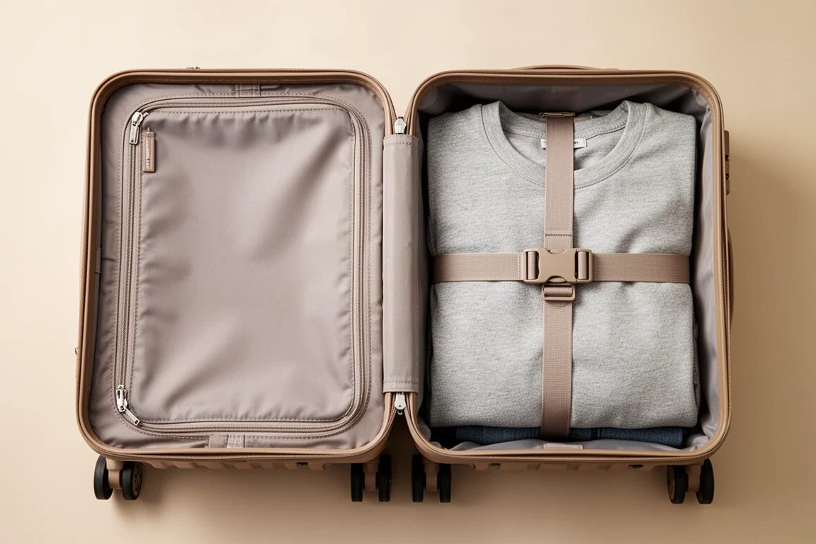 Open clamshell suitcase showing compression straps and organized interior