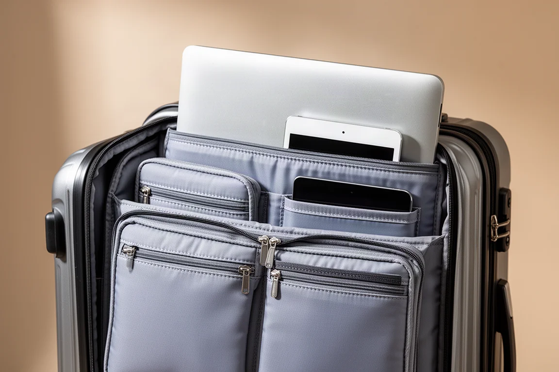 Accordion front compartment of a carry-on opened to show padded laptop pockets