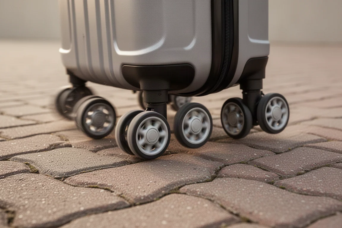 Close-up of spinner wheels rolling over textured interlocking brick pavement
