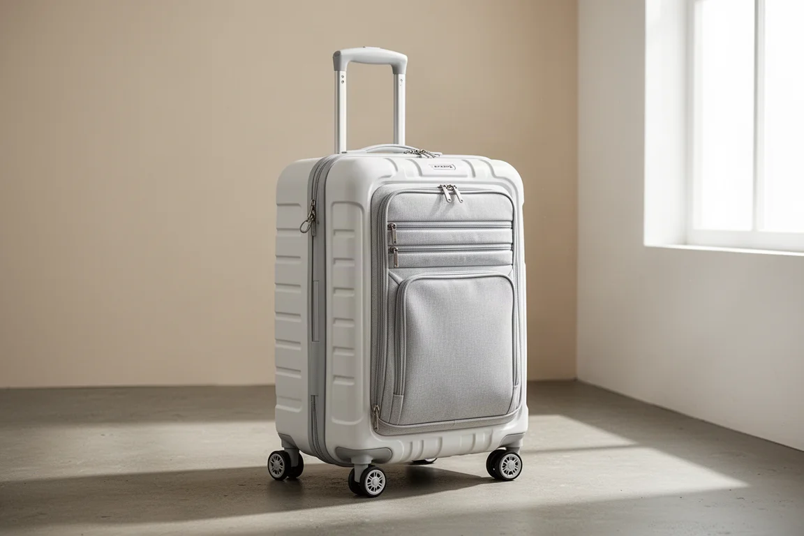 White hard shell rolling carry-on suitcase with front accordion compartment on concrete floor