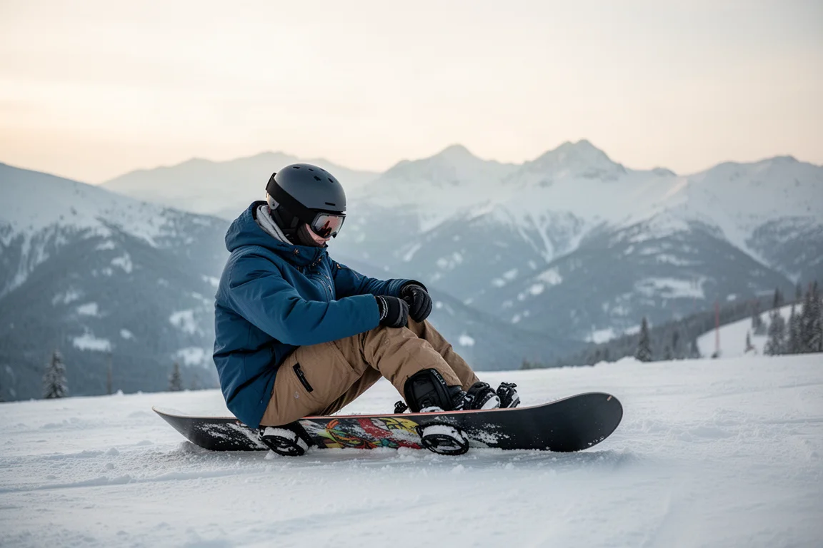 Snowboardzista odpoczywający na zaśnieżonym stoku w miękkim świetle popołudniowym