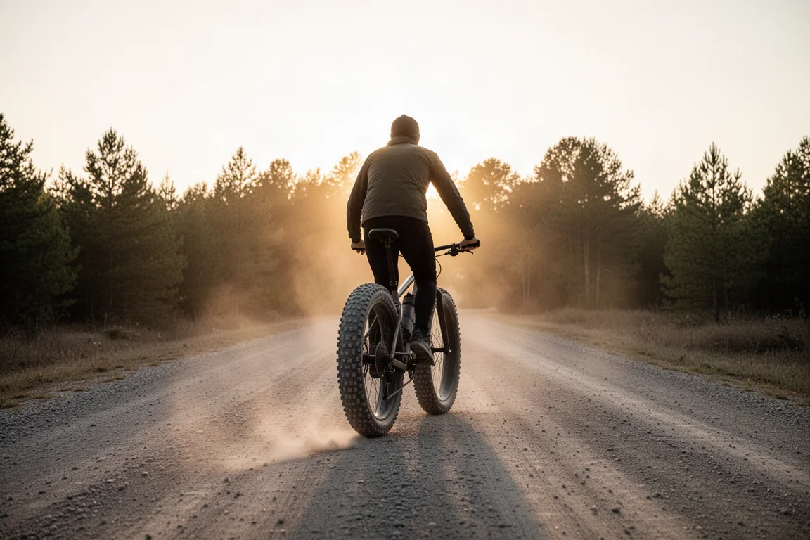 Dropbar-äventyrscykel som cyklas på en grusväg i gyllene timmen