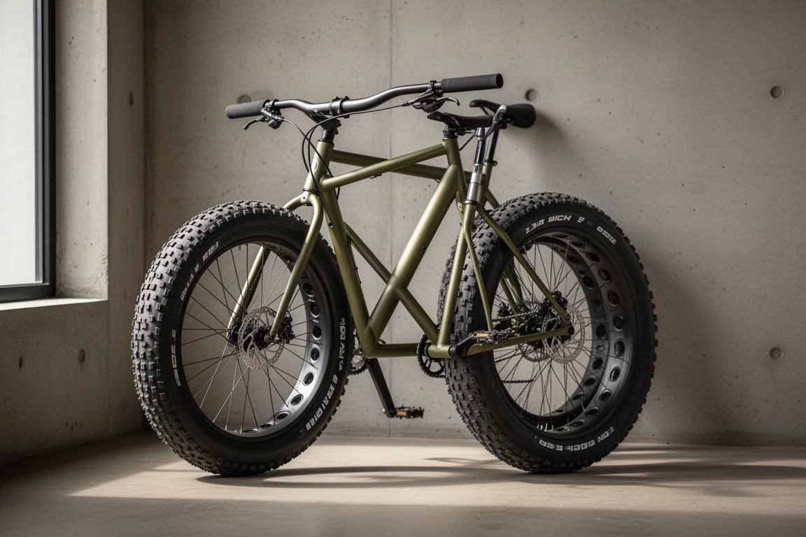Steel drop-bar adventure bike with large knobby tires leaning against a concrete wall