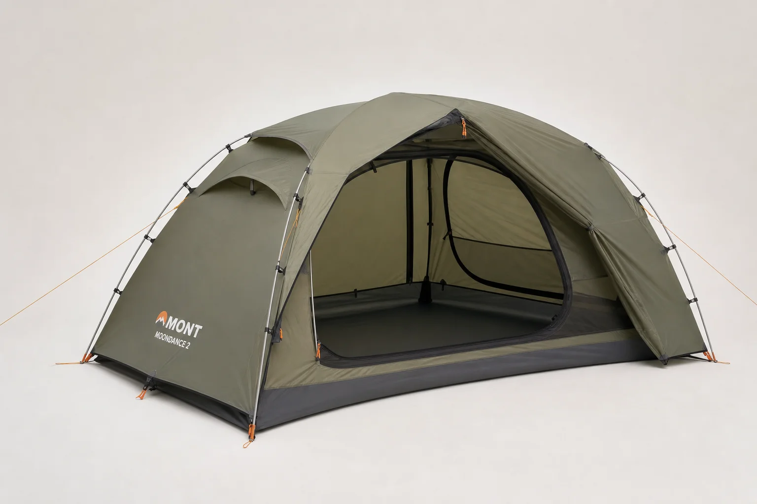 Nine hiking tents arranged on neutral backdrop showing variety in size and design