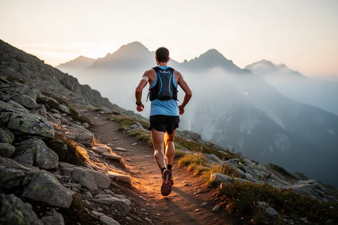 Trail runner su un sentiero di montagna all'alba con un gilet da race leggero