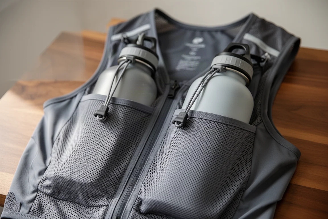 Due bottiglie soft flask dentro le tasche in rete elastica di un gilet da race