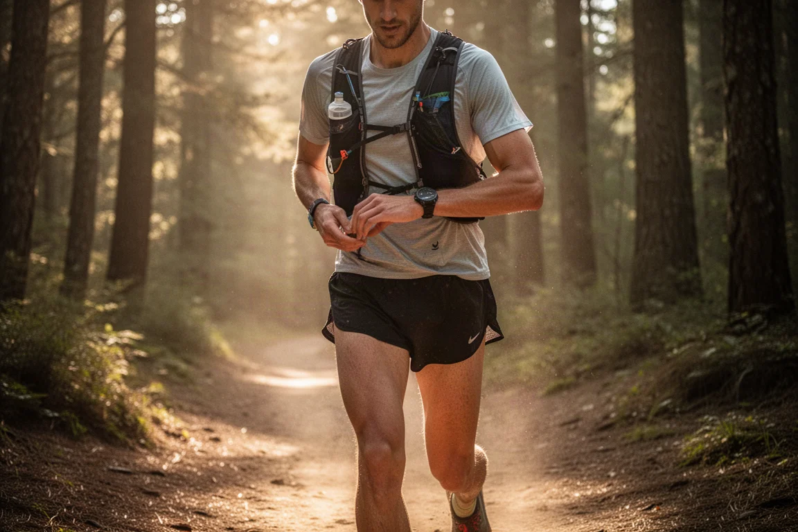 Runner che si ferma su un sentiero per prendere un gel durante un lungo allenamento