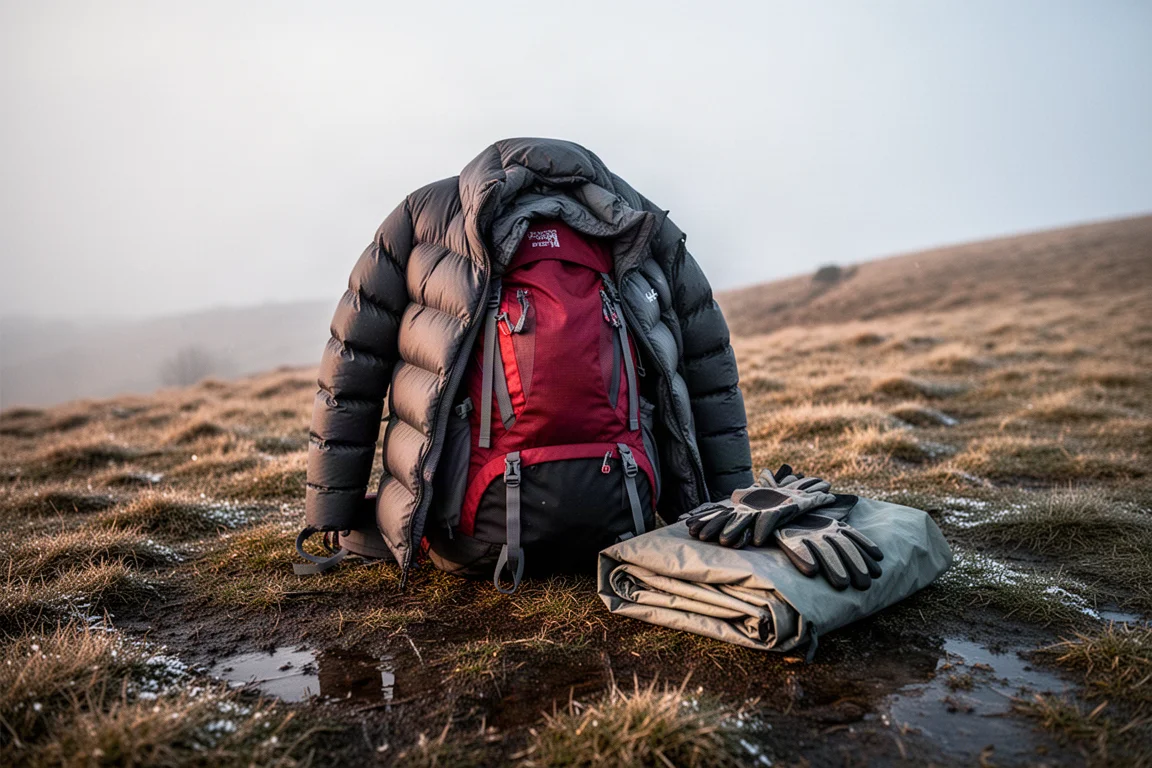 Chaqueta de plumas colgada sobre una mochila en una ladera fría con una capa impermeable cerca
