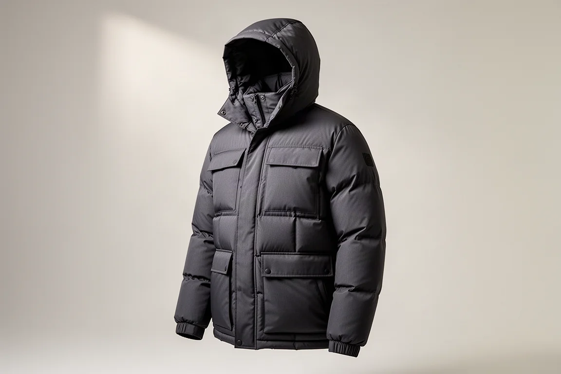 Charcoal Montane Kaman XT down jacket with quilted baffles on a light grey backdrop