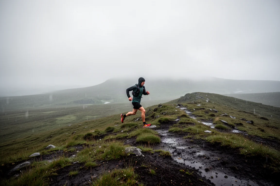 Trailrunner langs een blootgestelde heideheuvelrug in fijne motregen en laaghangende bewolking