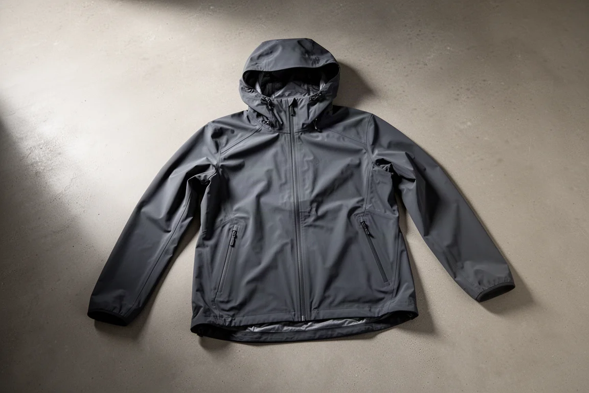 Lightweight dark grey waterproof shell jacket laid flat on a concrete surface