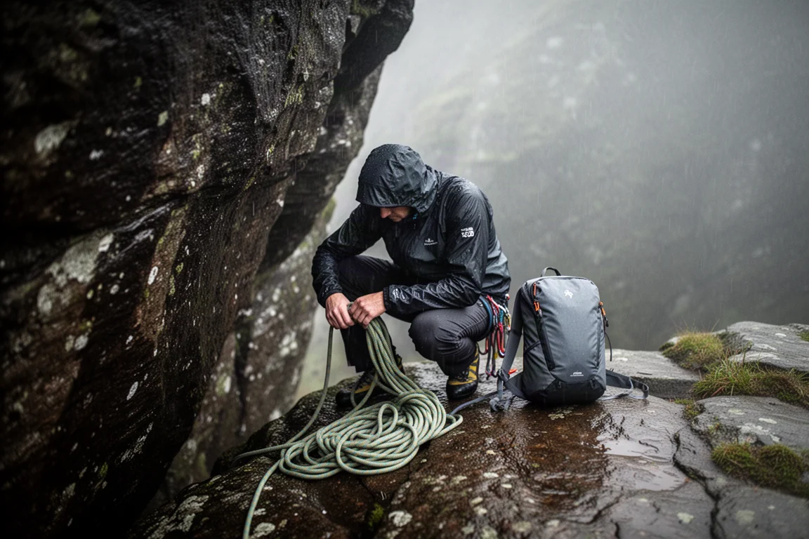 Arrampicatore in strati scuri che infila corda e rinvii nello zaino ai piedi di una falesia bagnata