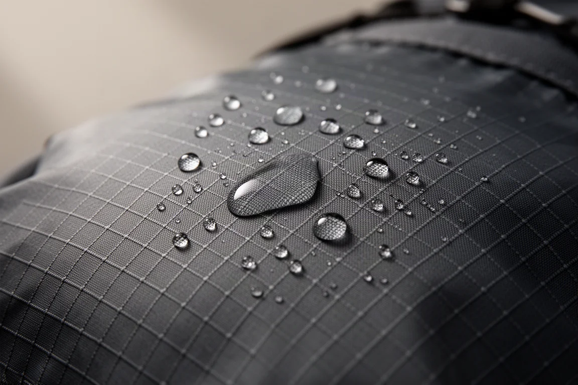 Primo piano del tessuto in nylon ripstop dello zaino con gocce d'acqua che si formano sulla superficie