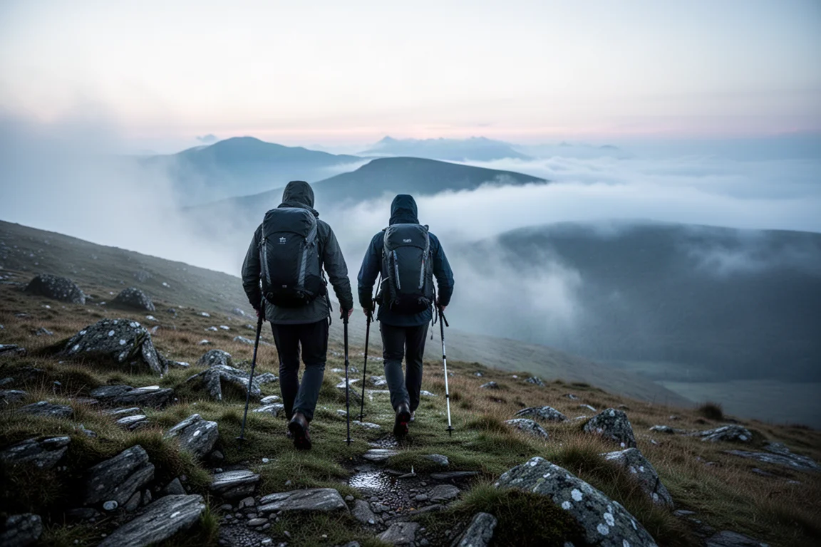 Alpinista che cammina in salita all'alba portando uno zaino sottile e scuro su colline nebbiose