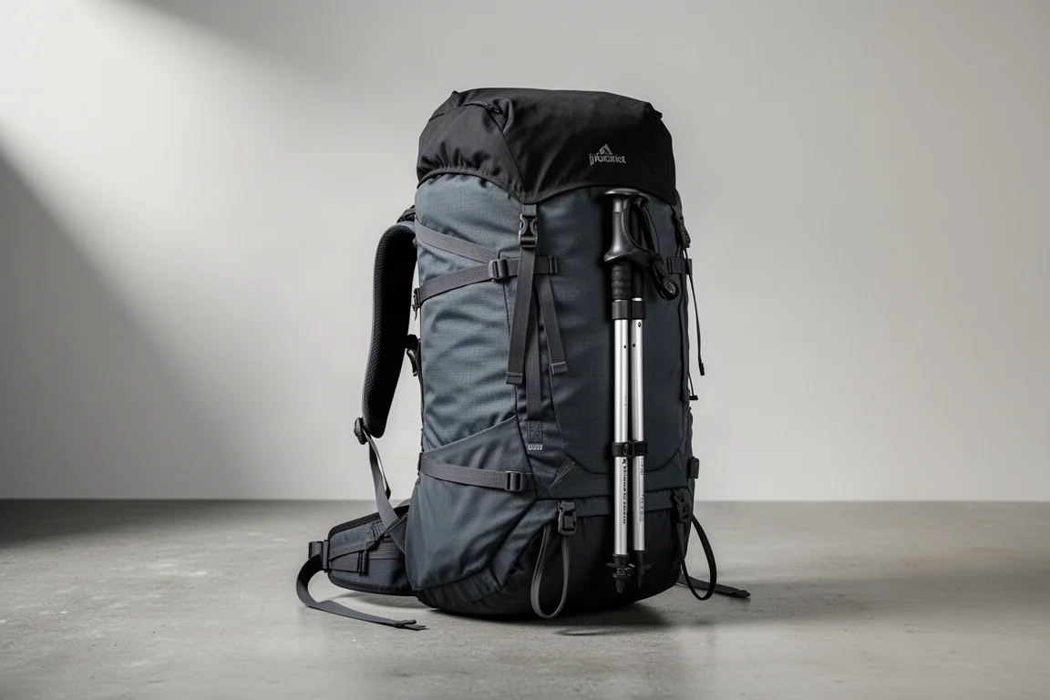 Charcoal roll-top mountaineering rucksack with side compression webbing on a concrete surface